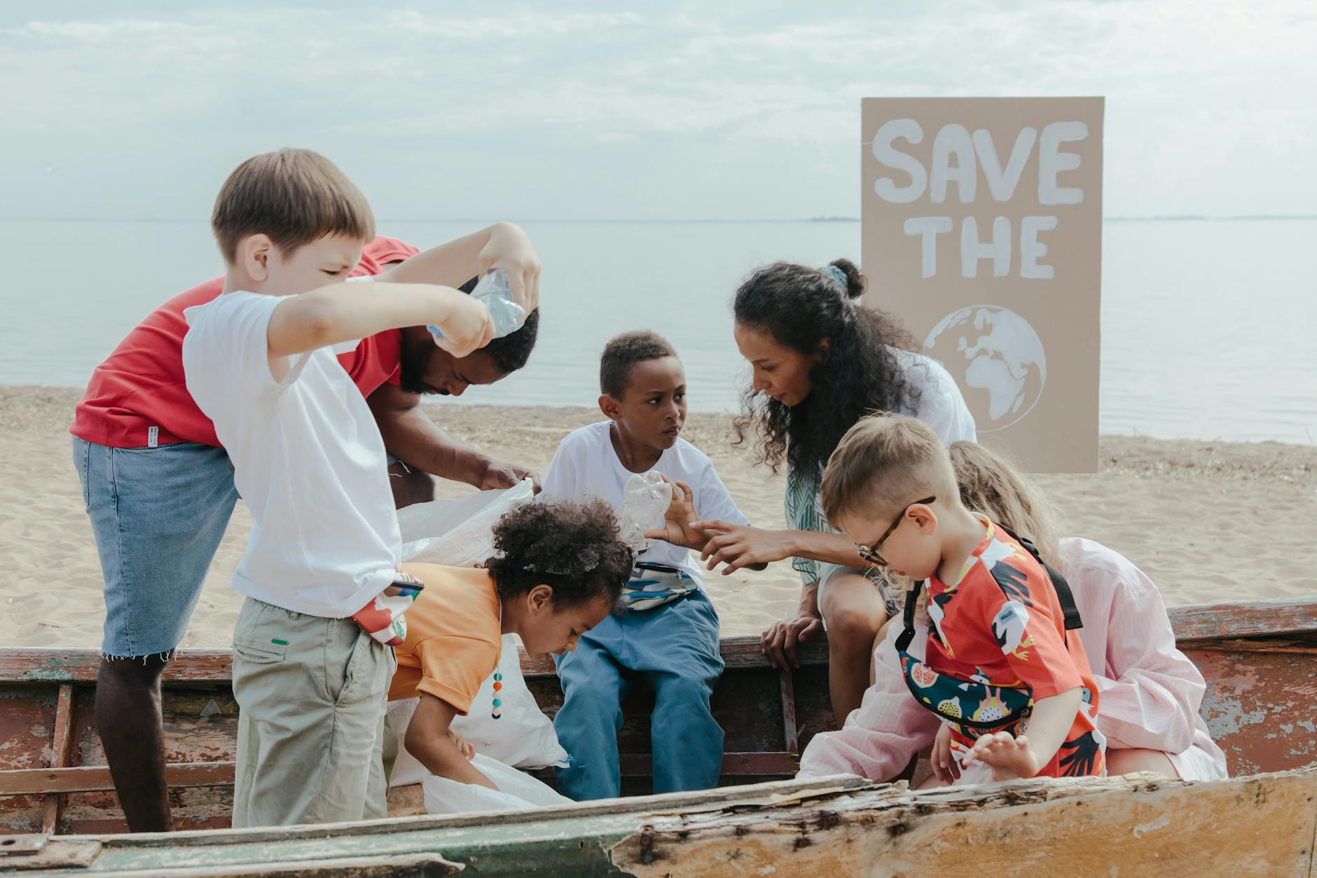 group of children collecting plastics