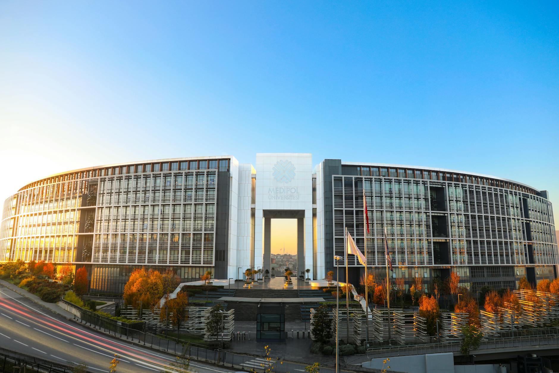 modern university campus at sunset