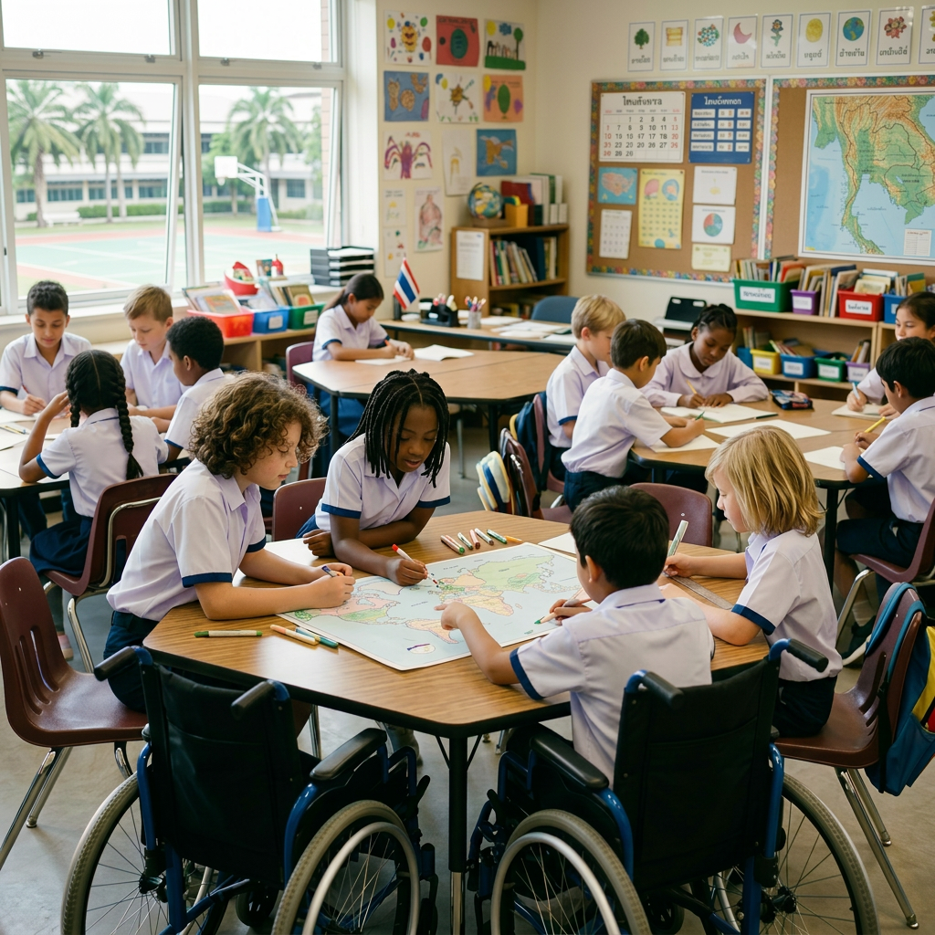 Elementary students, including two in wheelchairs, working together on a world map