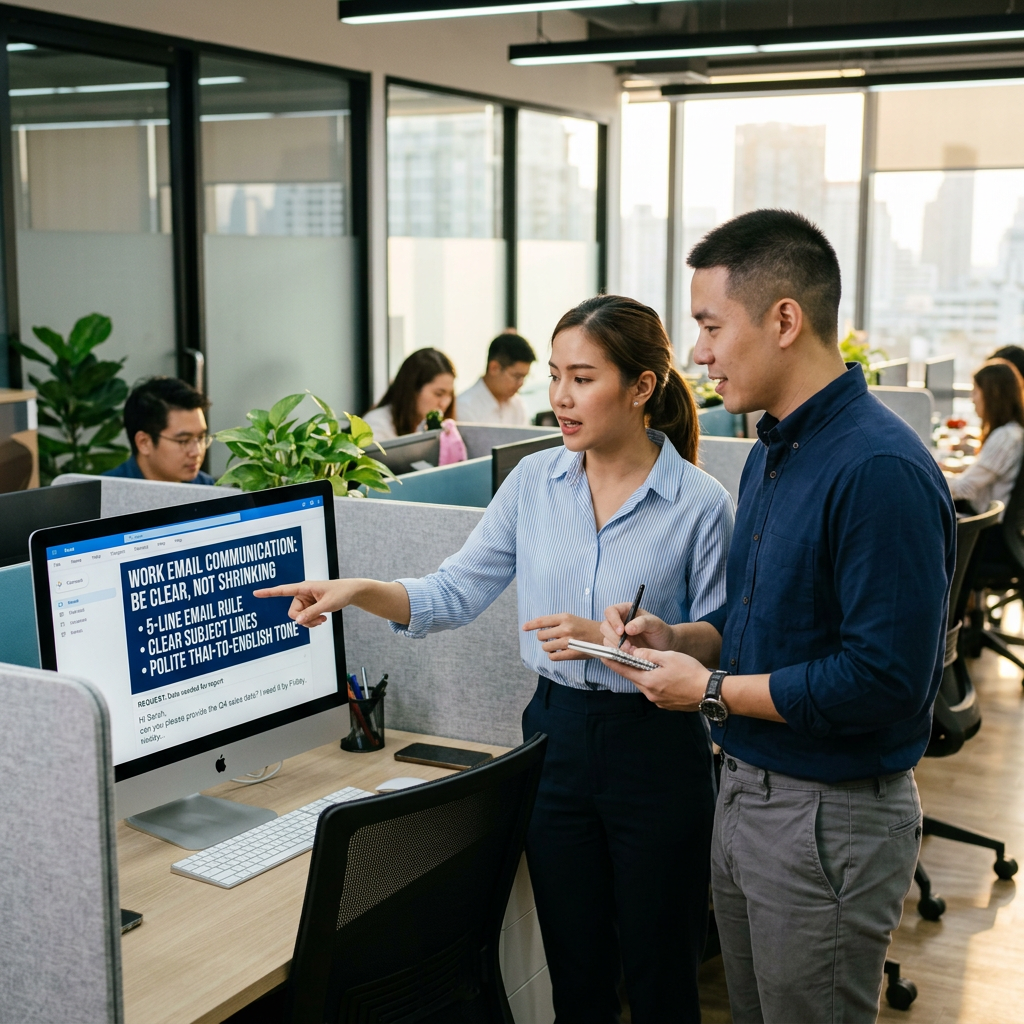 Two coworkers review email guidance reading “Work Email Communication: Be Clear, Not Shrinking.”